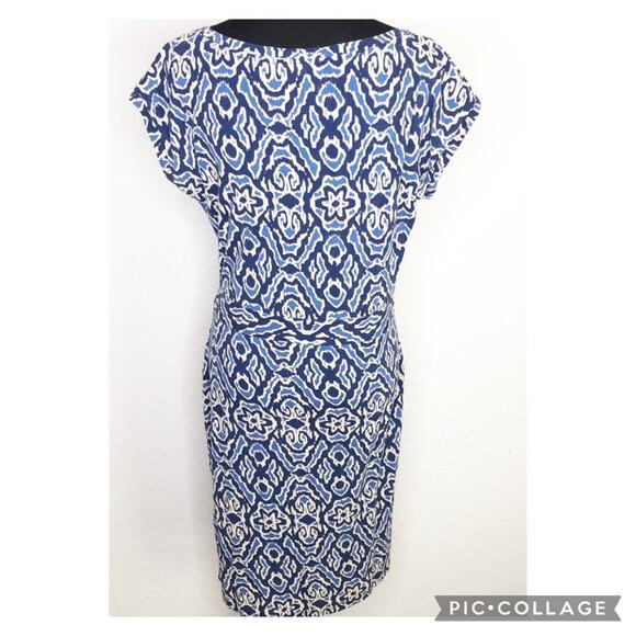 Boden blue and cream geometric print tie waist dress size 8L or 8 Long - Picture 15 of 15